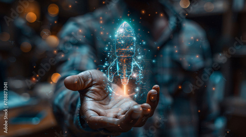 Mystical hand conjuring a holographic rocket, symbolizing innovation, technology, and startup growth.
 photo