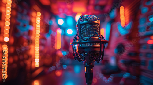 Studio microphone with vibrant neon lights, representing music production and modern recording arts.
 photo