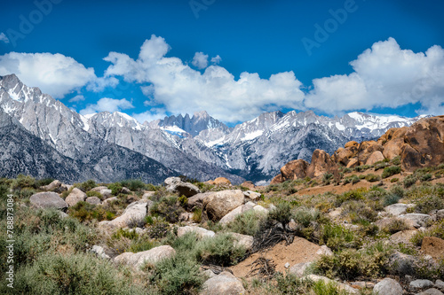 Alabama Hills with Mount Whitney in the back. Unusual stone formations in Alabama hills, California, USA