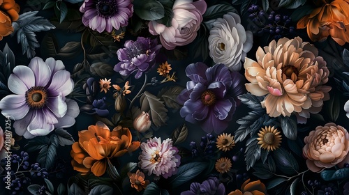 Elegant Botanical Tapestry: Purple, Orange, Cream