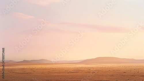 Pastel sunrise over tranquil desert dunes vast for panoramic serene background