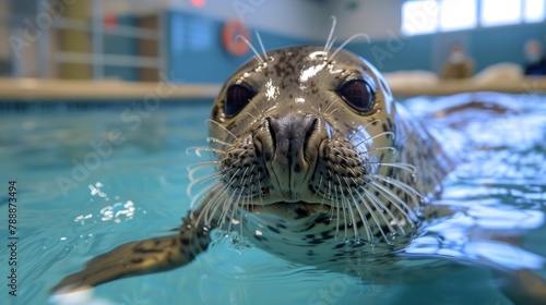 Closeup of a rescued seal in a rehabilitation pool with a team of dedicated volunteers providing roundtheclock care and nursing it back to health after being injured from a boat propeller. . photo