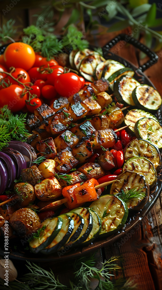 Beautiful presentation of Mediterranean grilled vegetable platter, hyperrealistic food photography