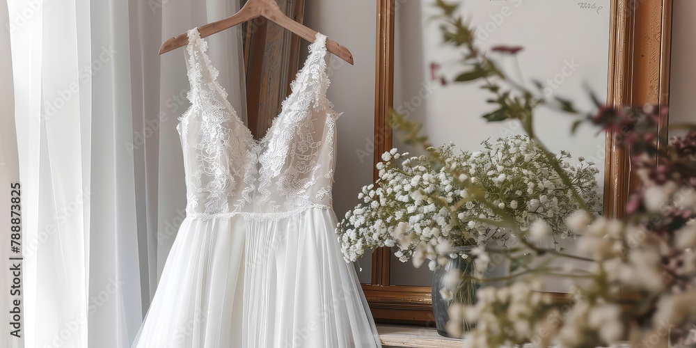 Beautiful elegant luxury bridal dress on hangers. White wedding dresses hanging on hanger in bridal shop boutique salon. Closeup Beautiful elegant luxury bridal dress on hangers. White wedding dresses hanging on hanger in bridal shop boutique salon. Closeup