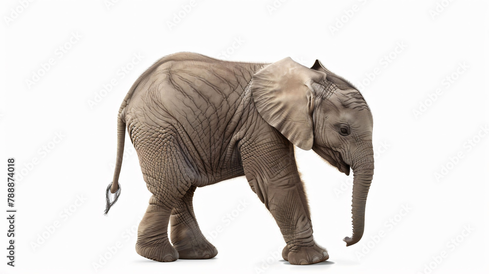 Baby elephant calf walking, tender age, isolated on white, concept: vulnerable wildlife.