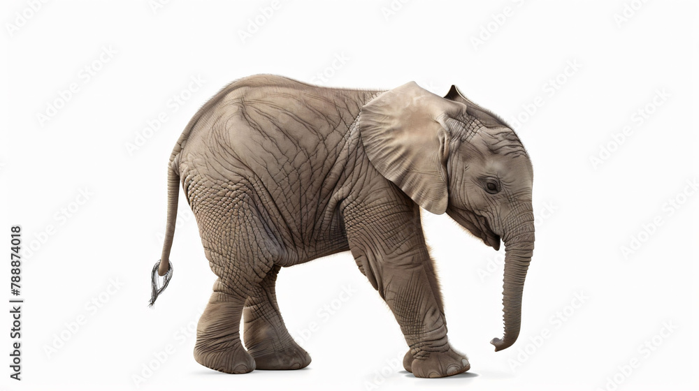 Obraz premium Baby elephant calf walking, tender age, isolated on white, concept: vulnerable wildlife.
