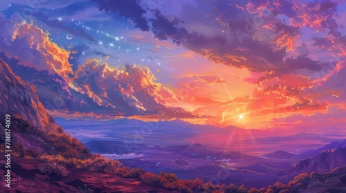 Sunrise and sunset views over serene landscapes, painting the sky with hues of orange, pink, and purple.