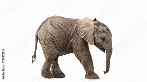 Baby elephant calf walking  tender age  isolated on white  concept  vulnerable wildlife.