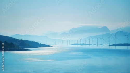 Defocused A peaceful scene of serene blue waters and distant mountains with the graceful silhouettes of wind turbines dotting the horizon. A glimpse into the beauty of merging technology .