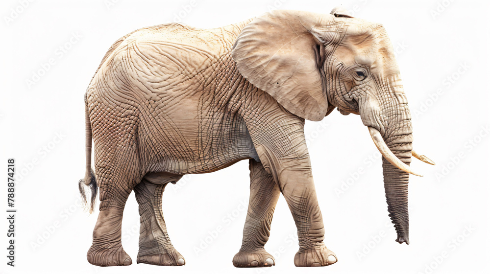 Fototapeta premium Adult elephant isolated on white, side view profile, concept: majestic wildlife portraiture. 