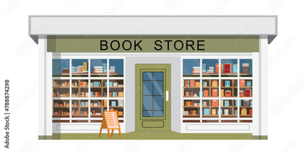 Bookstore front with bookshelves on white background.