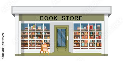 Bookstore front with bookshelves on white background.