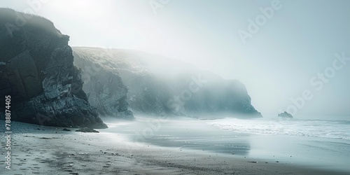 Amazing ocean coast in white fog. A calm and mysterious landscape. Space to copy. Generative AI