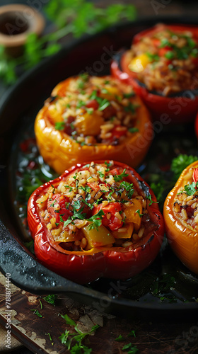 Beautiful presentation of Mediterranean stuffed bell peppers, hyperrealistic food photography