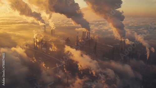 Industrial Cityscape at Sunrise/Sunset with Massive Chimneys Emitting Steam and Pollution Cloud