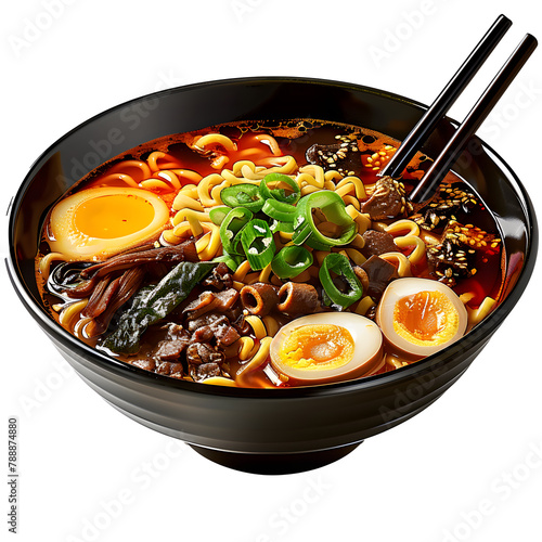 ramen with pork chasu mushrooms one soft boiled egg thick noodles spices sesame seeds seaweed photo