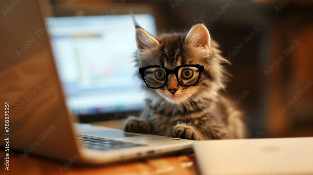 Kitten with glasses by laptop, home office, concept: work from home companion.
