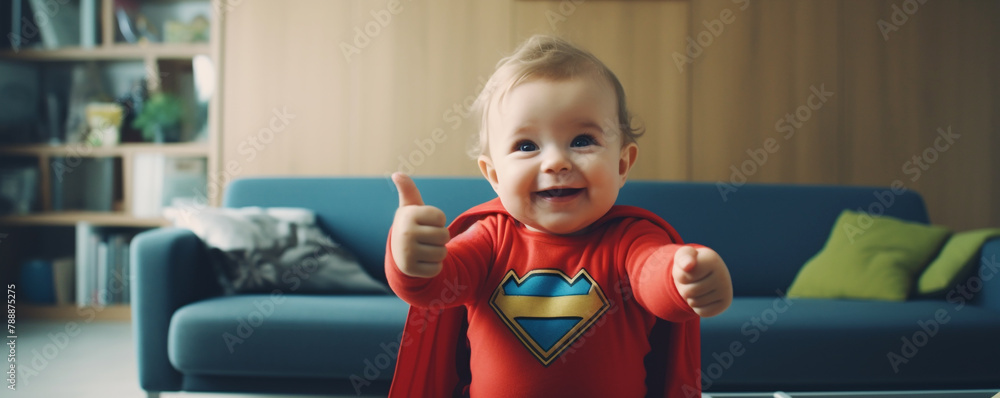 A baby boy dressed as a superhero gives a thumbs-up A baby boy dressed as a superhero gives a thumbs-up