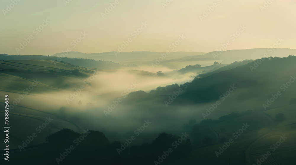 Misty sunrise over tranquil rolling hills in serene pastel tones for peaceful background
