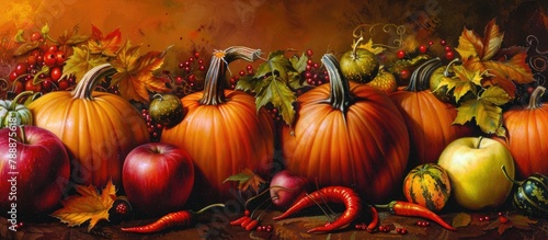 Autumn  fall  scene with a variety of pumpkins  apples  and spicy peri peri peppers.