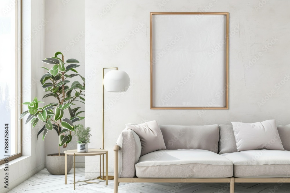 Scandinavian style living room with poster mockup created with generative ai Scandinavian style living room with poster mockup created with generative ai