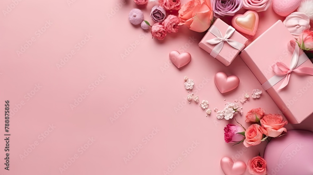 Top View of Valentine day banner design of a collection of Gift box and pink flowers on pink pastel background Top View of Valentine day banner design of a collection of Gift box and pink flowers on pink pastel background