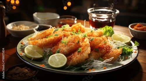 Delicious crispy tempura on a plate with blur background