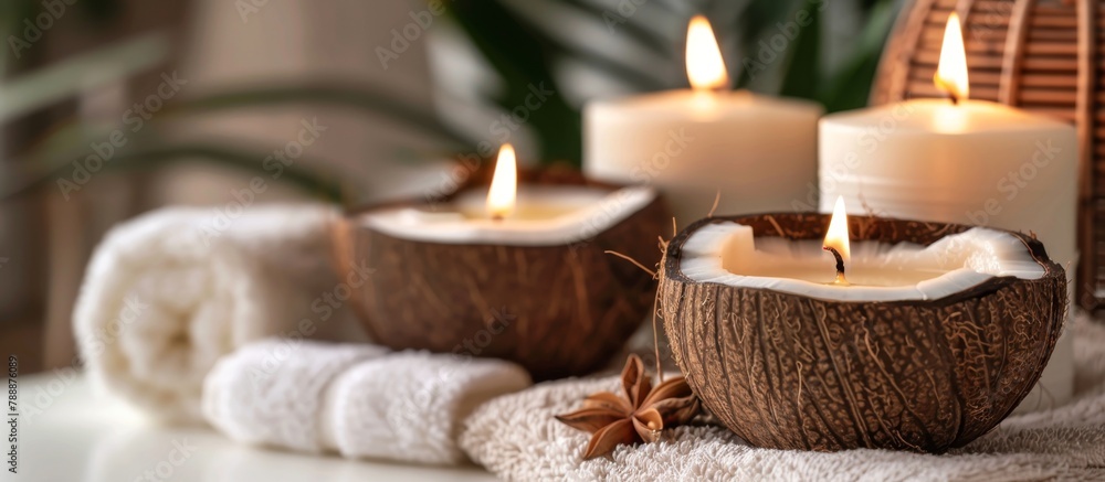 Candles are lit in a coconut bowl on a towel, creating a warm and cozy ambiance in a tropical setting