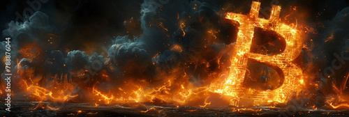 Dramatic Bitcoin symbol engulfed in flames, depicting volatility, digital currency concept.

