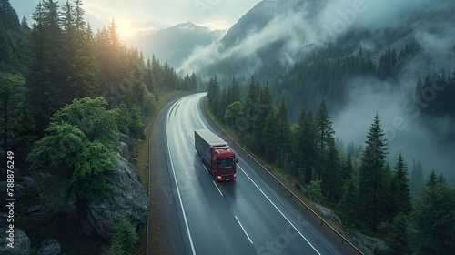 A commercial truck transportation, red lorry delivers amidst mountain mist, sunrise, A commercial truck transportation