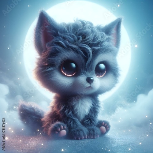 a kitten with big eyes sitting in front of a full moon photo