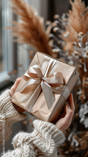 Gift box in hands with cozy sweater and neutral tones  conveying warmth and generosity. 