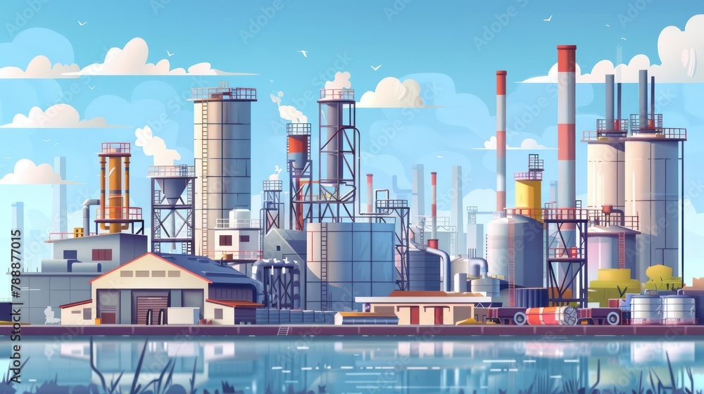 Obraz premium The factory skyline is dotted with silos and storage tanks, storing the products of industrial production.