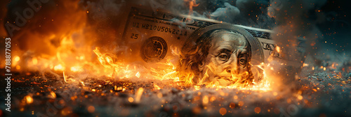 Money burning in flames, concept: financial loss and inflation.
