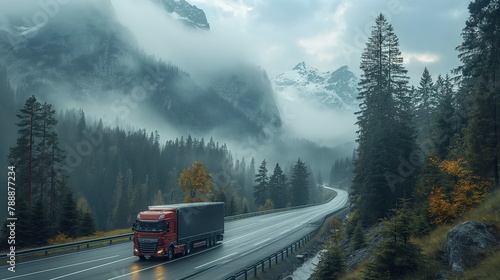 A commercial truck transportation, cargo truck journey through foggy alpine route, A commercial truck transportation