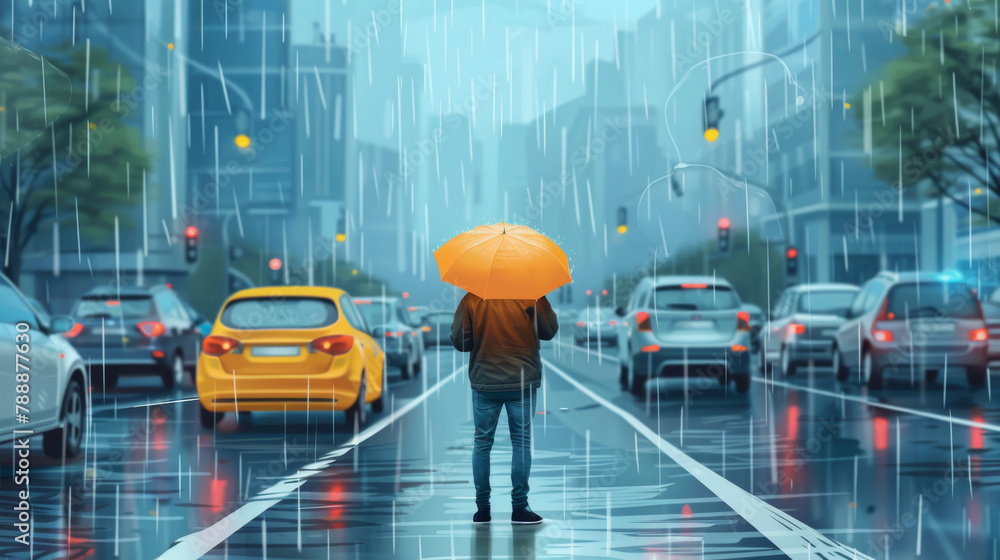 Lonely Figure with Umbrella in Rainy Cityscape Lonely Figure with Umbrella in Rainy Cityscape
