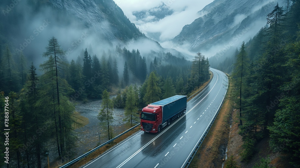 A commercial truck transportation, heavy transport truck on curving forest road, misty morning, A commercial truck transportation