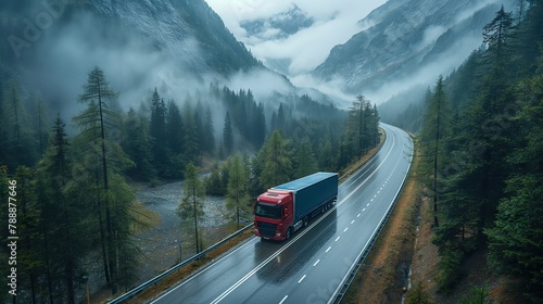 A commercial truck transportation, heavy transport truck on curving forest road, misty morning, A commercial truck transportation photo