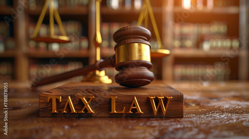 tax law, A law book with a gavel. Wooden blocks word 