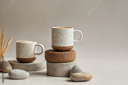 A minimalist product photo featuring two white and brown mugs filled with latte on a light grey background. The composition is arranged using decorative stone stands on which the mugs are placed.