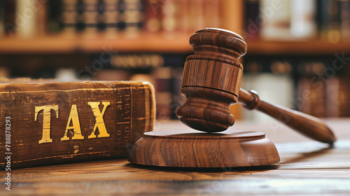 tax law, A law book with a gavel. Wooden blocks word " TAX" on coin stack .with gavel and money on the table. lawyers discussing contract or business agreement at law firm office, Business people