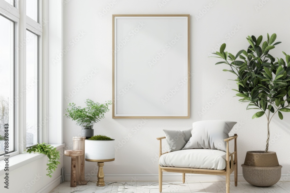 Fototapeta premium Scandinavian style living room with poster mockup created with generative ai