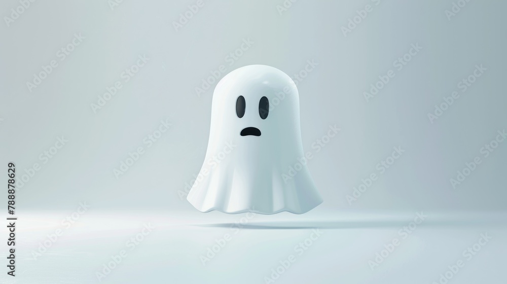 Fototapeta premium A white ghost with a scared face is standing on a white background.