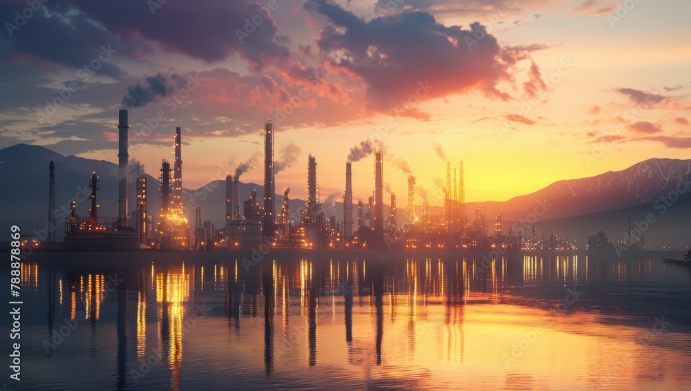 Tranquil Sunset at Oil Production Facility with Mountainous Backdrop