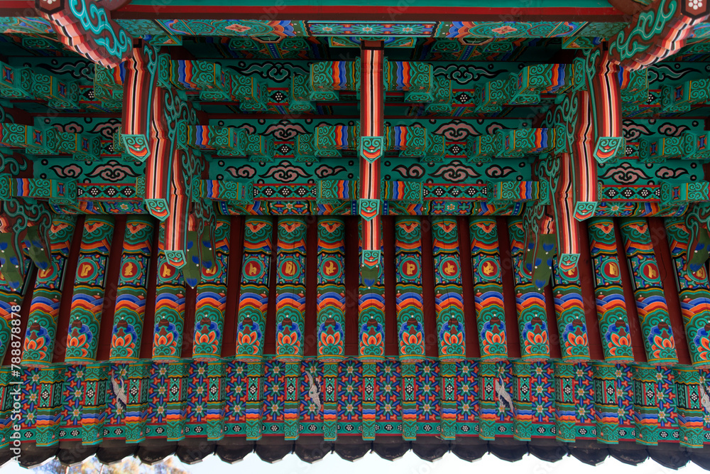 View of the wooden eaves in the Buddhist temple building