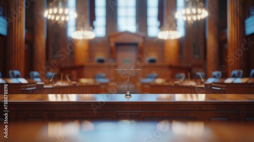 Defocused Courtroom Panorama The blurred backdrop of a stately courtroom creating an air of formality and setting the stage for justice. .
