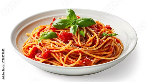pasta in tomato sauce on white bowl, white background