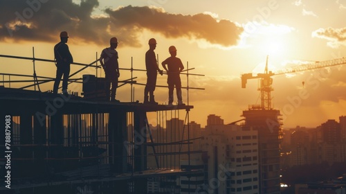 A group of construction workers are standing on a scaffold overlooking a city.