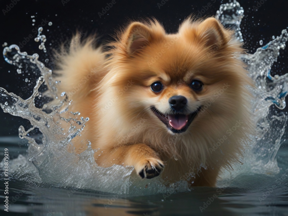 Obraz premium Pomeranian puppy running on splashing water, 3D illustration