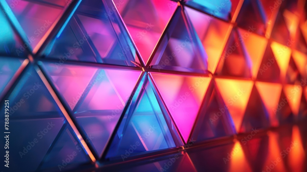 A wall of triangles is lit up in various colors, creating a dynamic and colorful scene
